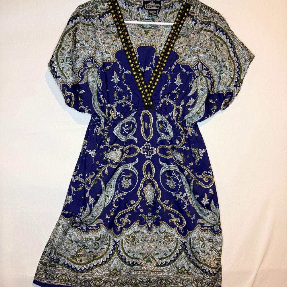 Angie Womens Blue Paisley Studded V-Neck Empire Waist Mini Dress Large